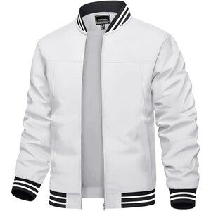 🆕Men's White Bomber Lightweight Casual Spring Fall Windbreaker Zip Up Jacket